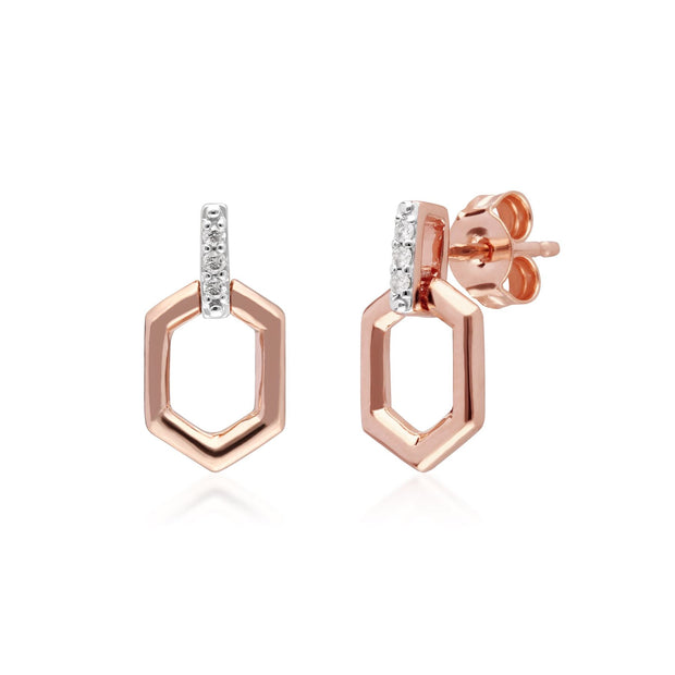 Diamond Pave Hex Bar  Drop Earrings in 9ct Rose Gold