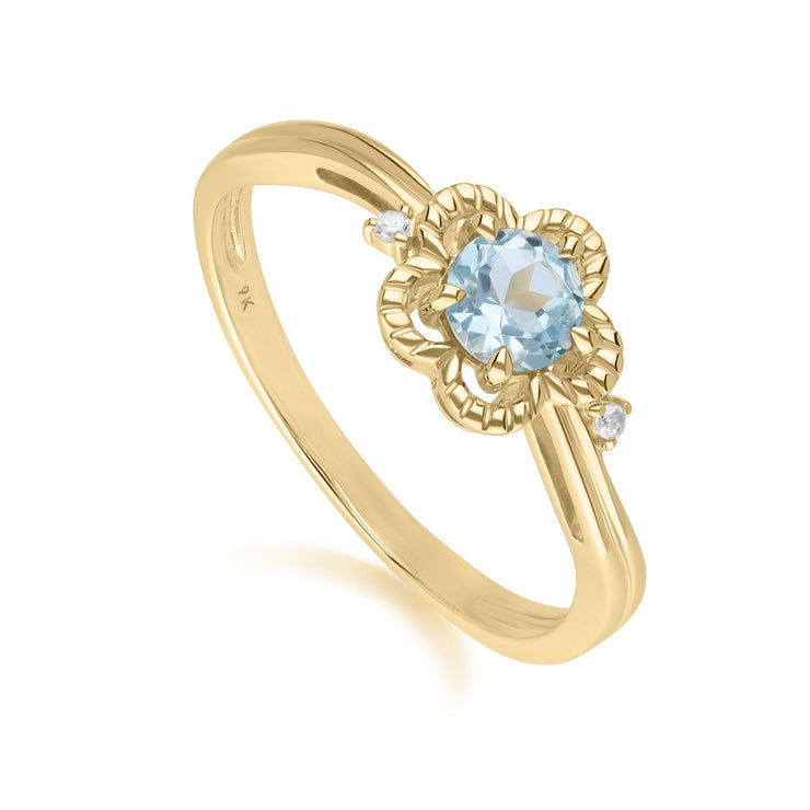 Floral Round Blue Topaz & Diamond Ring in 9ct Yellow Gold