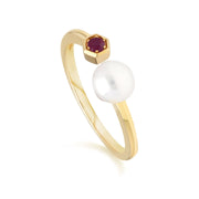 Modern Pearl & Ruby Open Ring in 9ct Yellow Gold