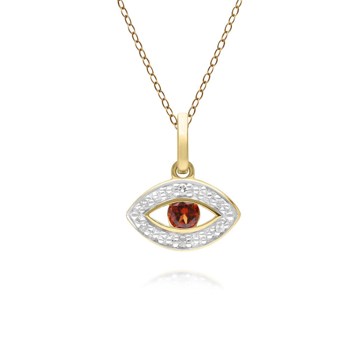 ECFEW™ Dainty Evil Eye Garnet & Diamond Pendant in 9ct Yellow Gold