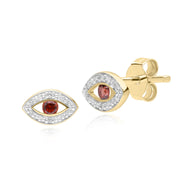 ECFEW™ Dainty Evil Eye Garnet & Diamond Stud Earrings in 9ct Yellow Gold