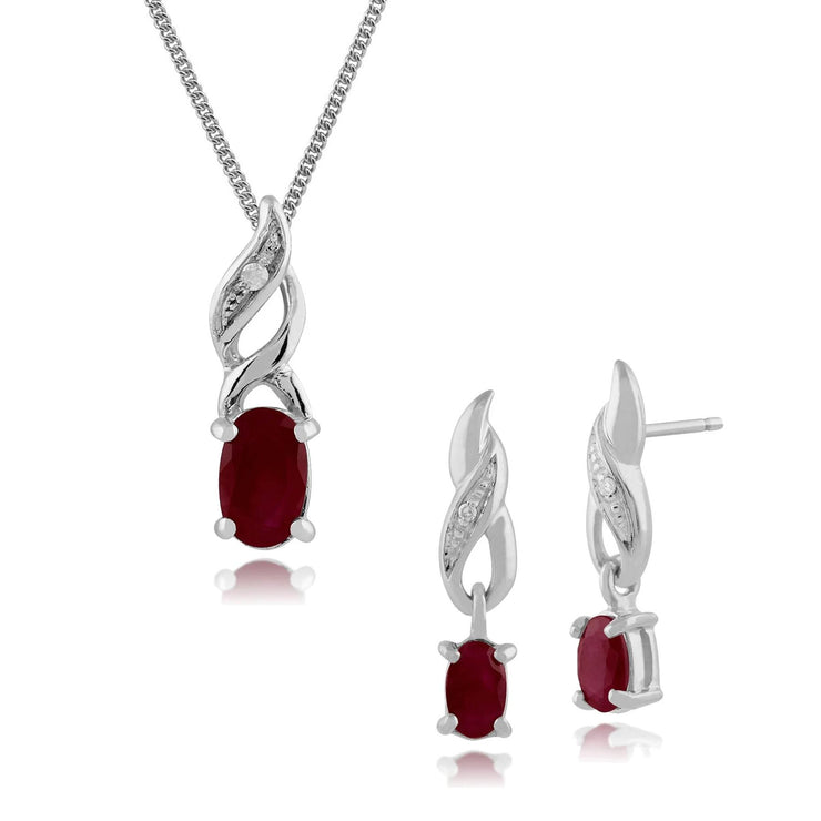 Classic Oval Ruby & Diamond Earring & Pendant Jewellery Set 