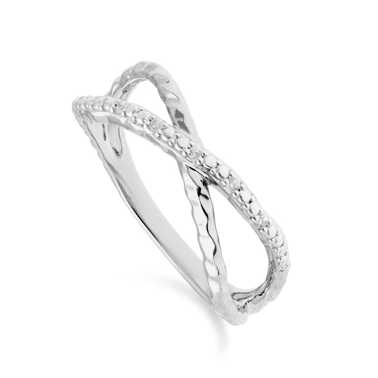 Diamond Pavé Hammered Crossover Ring in 9ct White Gold