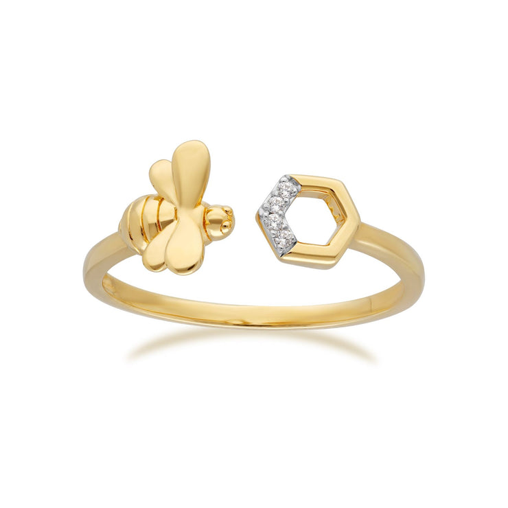 Honeycomb Inspired Diamond Bee Open Ring in 9ct Yellow Gold