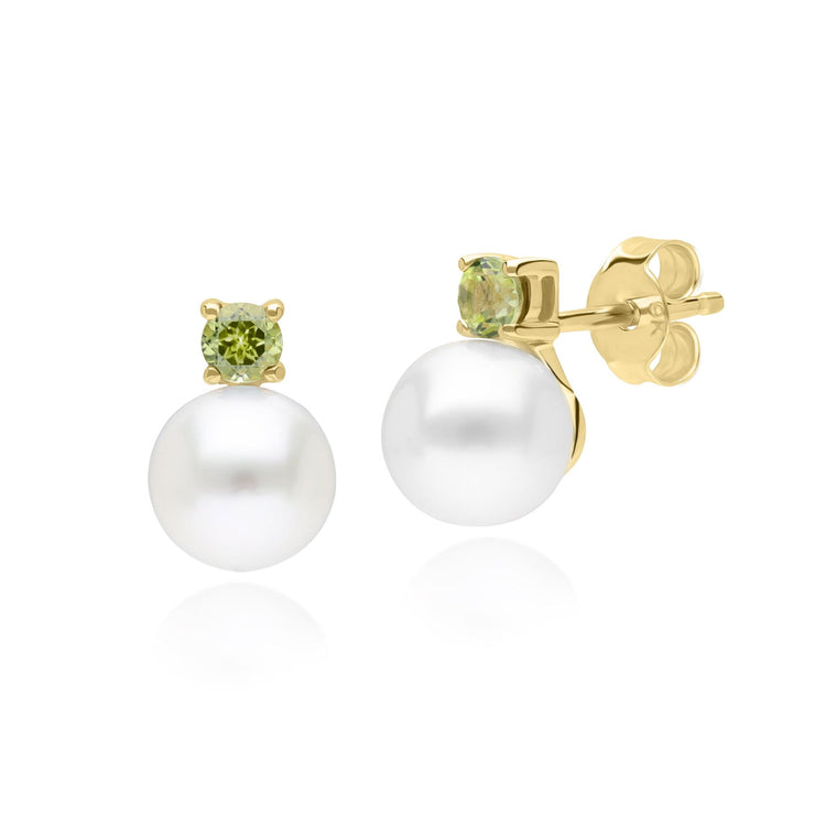 Modern Pearl & Peridot Stud Earrings in 9ct Yellow Gold