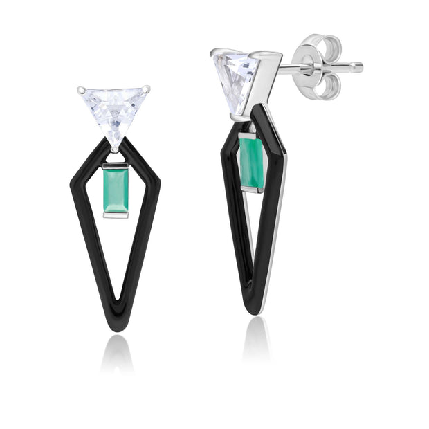 Grand Deco Enamel, Topaz & Emerald Drop Earrings in 9ct White Gold