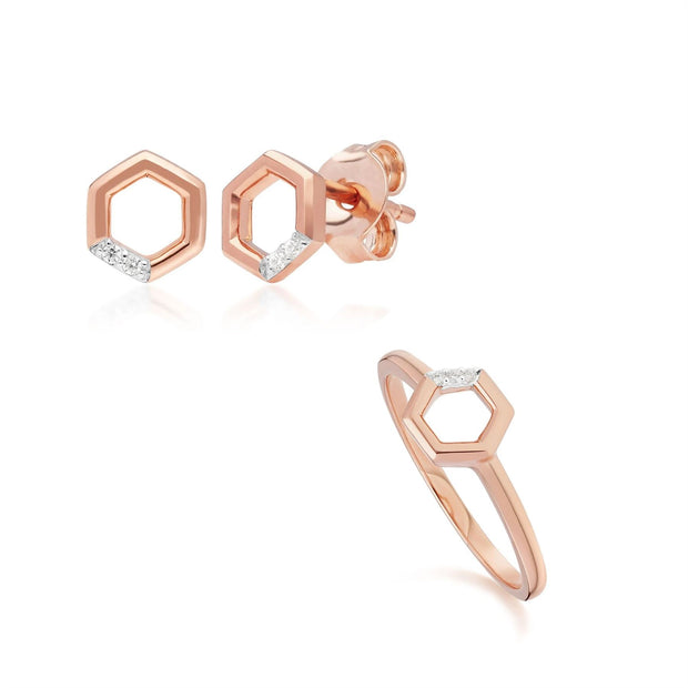 Diamond Pave Hexagon Stud Earring & Ring Set in 9ct Rose Gold