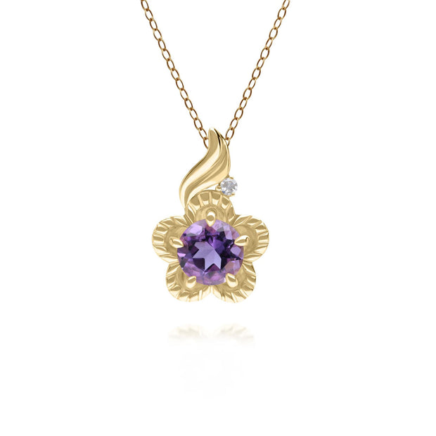 Floral Round Amethyst & Diamond Pendant in 9ct Yellow Gold