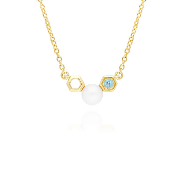 Modern Pearl & Blue Topaz Necklace in 9ct Yellow Gold