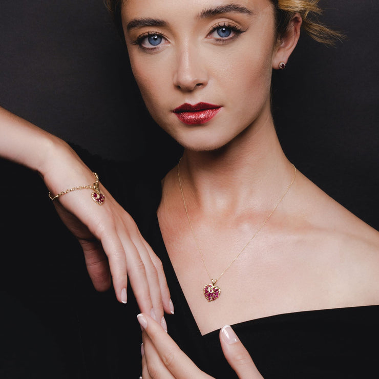 Classic Marquise Ruby Heart Charm Bracelet in 9ct Yellow Gold