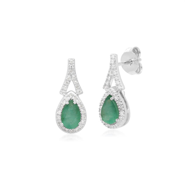 Teardrop Emerald & Diamond Drop Earrings in 9ct White Gold