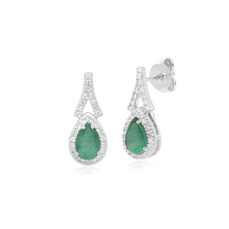 Teardrop Emerald & Diamond Drop Earrings in 9ct White Gold