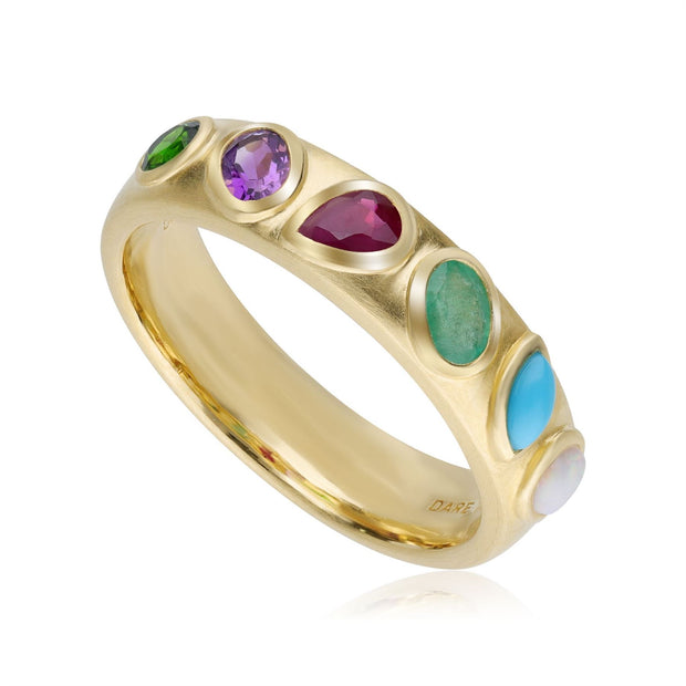 Coded Whispers Brushed Gold 'Dare To' Acrostic Gemstone Ring