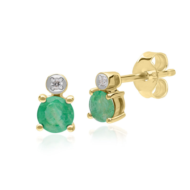 Micro Statement Round Emerald & Diamond Stud Earrings in 9ct Yellow Gold