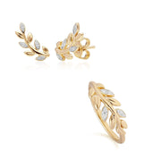O Leaf Diamond Stud Earring & Ring Set in 9ct Yellow Gold