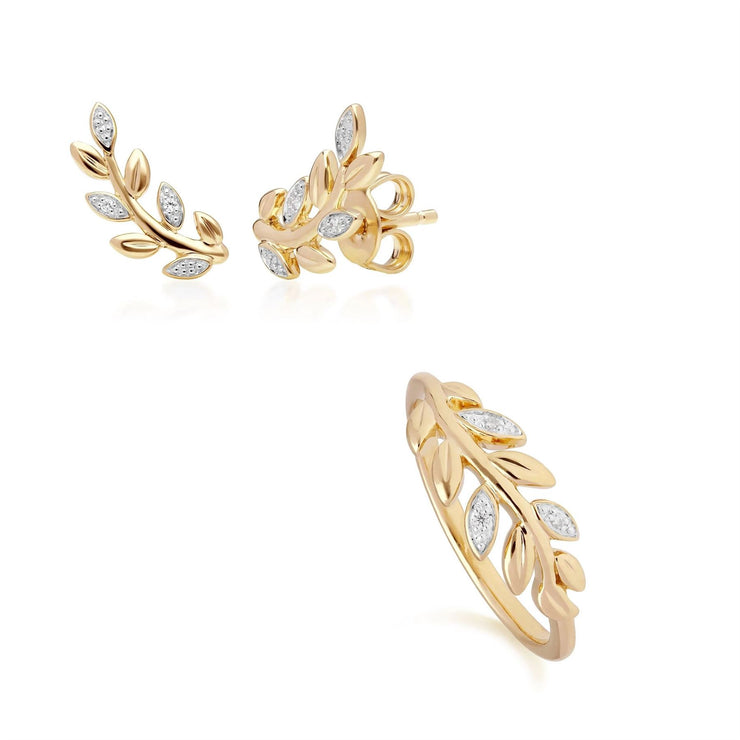 O Leaf Diamond Stud Earring & Ring Set in 9ct Yellow Gold