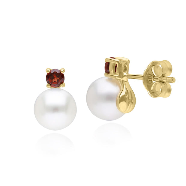 Modern Pearl & Garnet Stud Earrings in 9ct Yellow Gold