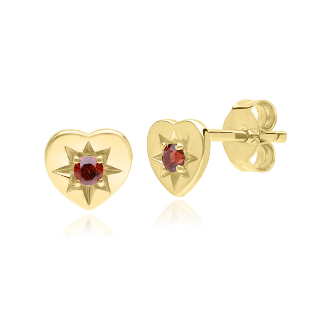 ECFEW™ 'The Liberator' Garnet Heart Stud Earrings in 9ct Yellow Gold