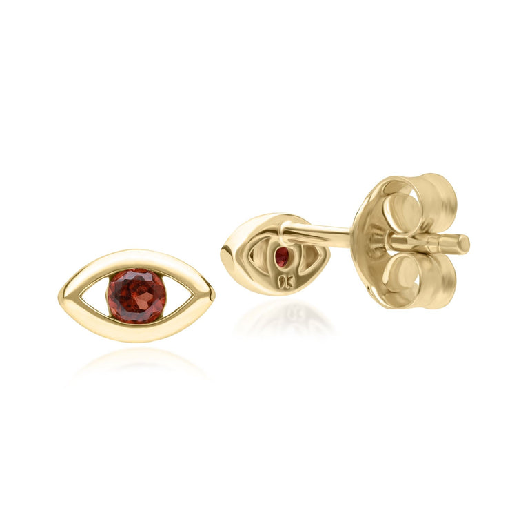 ECFEW™ Dainty Evil Eye Garnet Stud Earrings in 9ct Yellow Gold