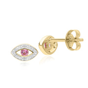 ECFEW™ Dainty Evil Eye Pink Tourmaline & Diamond Stud Earrings in 9ct Yellow Gold
