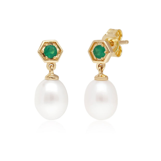 Modern Pearl & Dyed Green Chalcedony Drop Earrings in 9ct Yellow Gold