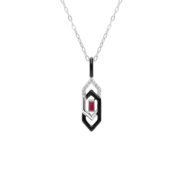 Grand Deco Black Enamel, White Topaz & Ruby Pendant in 9ct White Gold