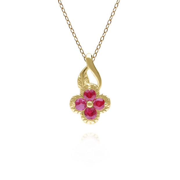 Floral Round Ruby Pendant in 9ct Yellow Gold