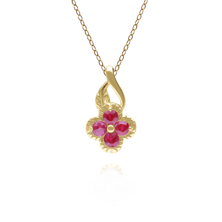 Floral Round Ruby Pendant in 9ct Yellow Gold