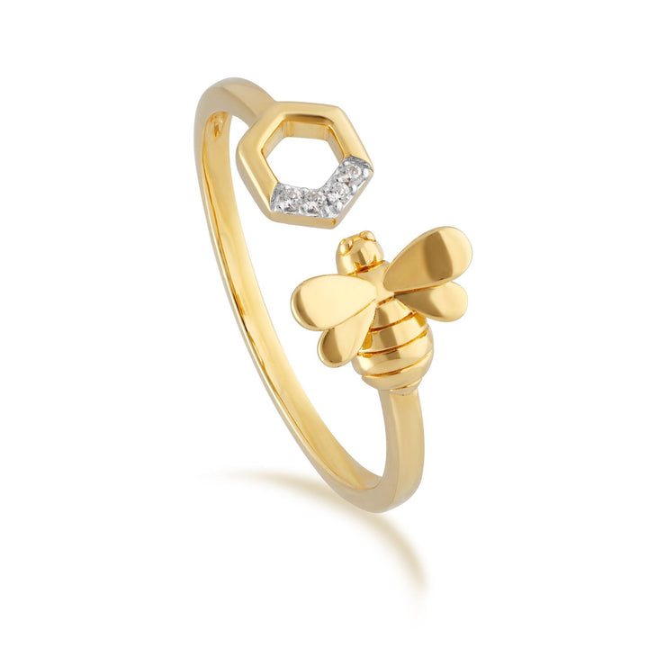 Honeycomb Inspired Diamond Bee Open Ring in 9ct Yellow Gold