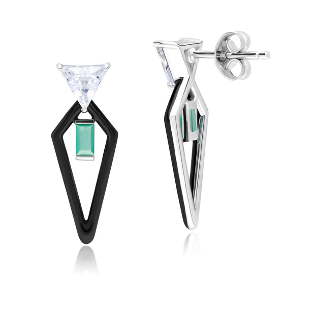 Grand Deco Enamel, Topaz & Emerald Drop Earrings in 9ct White Gold