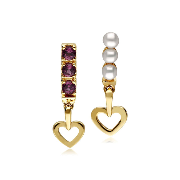 Cultured Freshwater Pearl & Rhodolite Mismatched Heart Drop Earrings