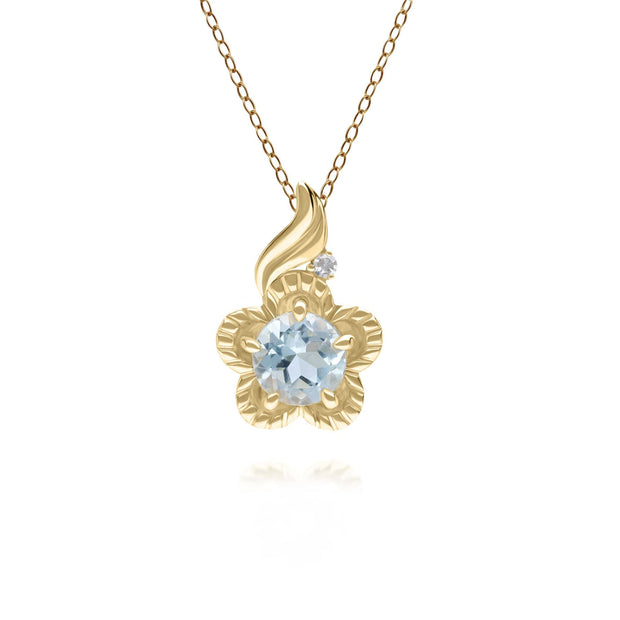 Floral Round Blue Topaz & Diamond Pendant in 9ct Yellow Gold