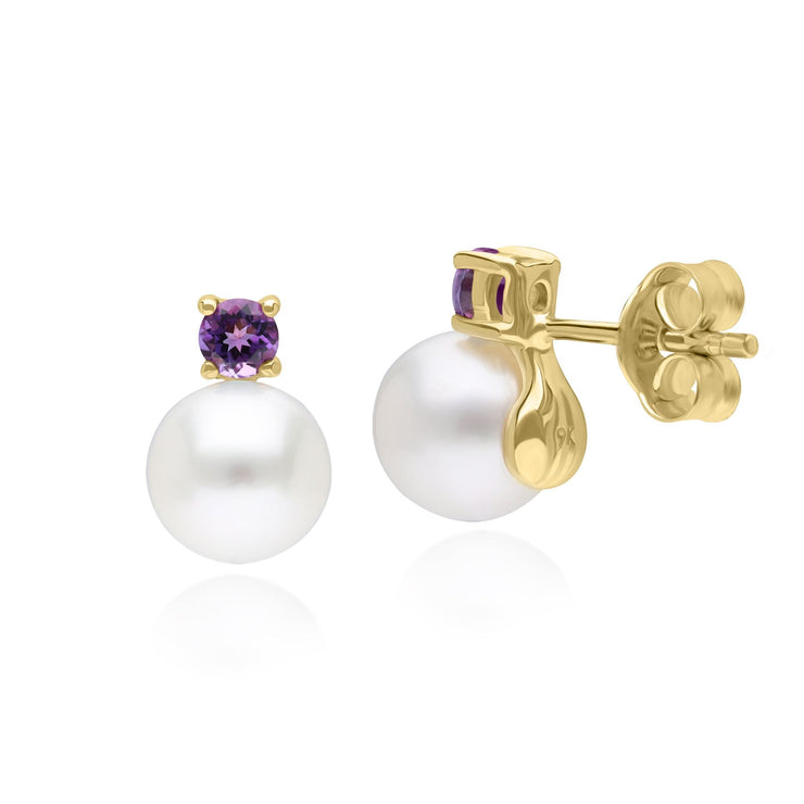 Modern Pearl & Amethyst Stud Earrings in 9ct Yellow Gold