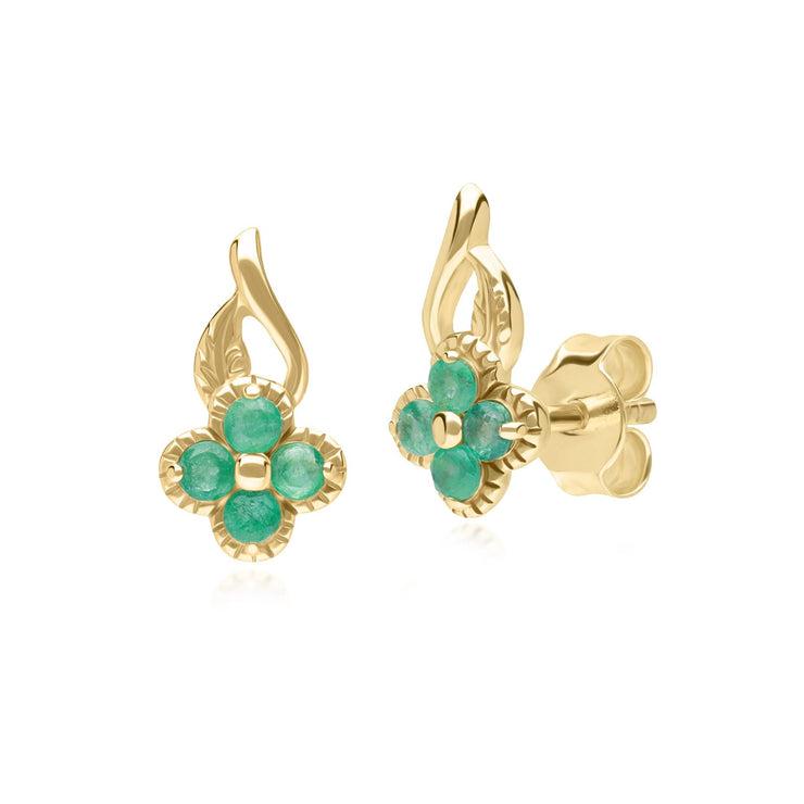 Floral Round Emerald Stud Earrings in 9ct Yellow Gold