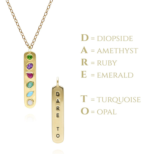 Coded Whispers Brushed Gold 'Dare To' Acrostic Gemstone Pendant