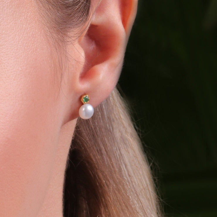 Modern Pearl & Emerald Stud Earrings in 9ct Yellow Gold