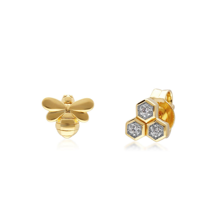 Honeycomb Inspired Mismatched Diamond Bee Earrings in 9ct Yellow Gold