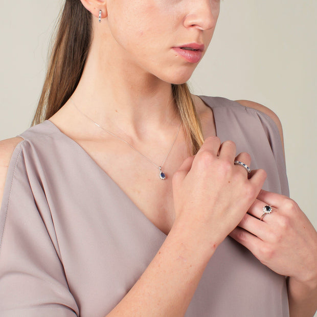 Classic Round Sapphire & Diamond Half Hoop Earrings & Half Eternity Ring Set in 9ct White Gold