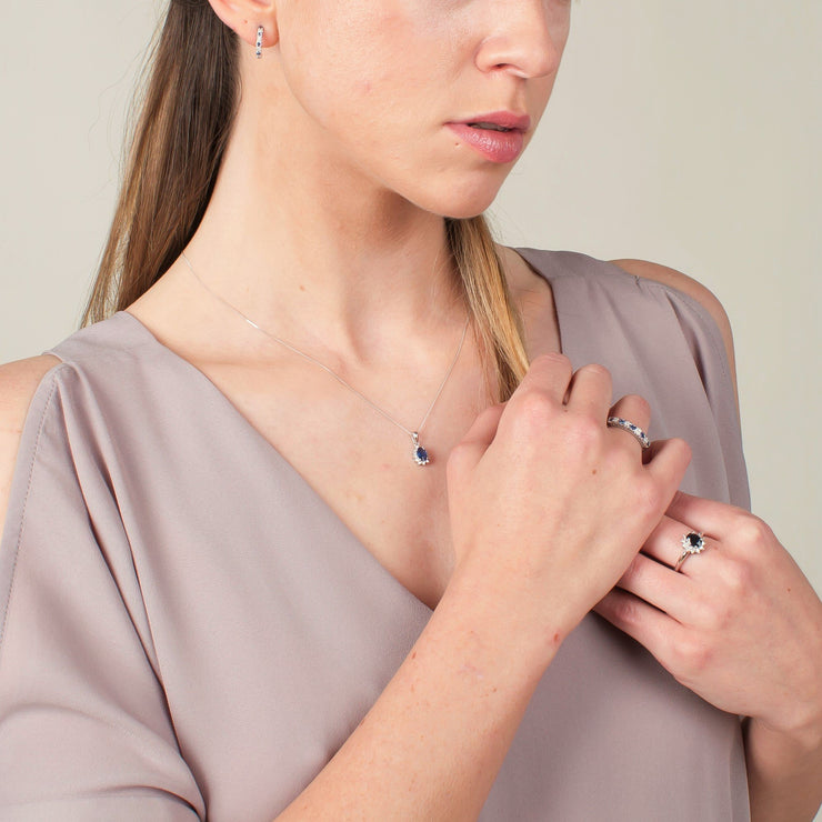 Classic Round Sapphire & Diamond Half Hoop Earrings & Half Eternity Ring Set in 9ct White Gold