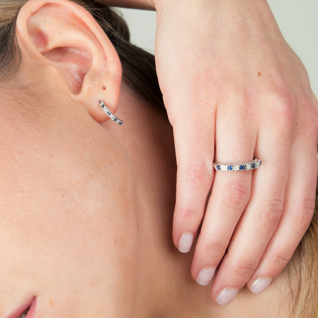 Classic Round Sapphire & Diamond Half Hoop Style Earrings in 9ct White Gold