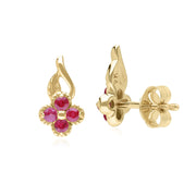 Floral Round Ruby Stud Earrings in 9ct Yellow Gold