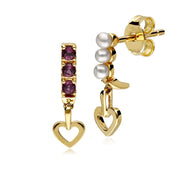 Cultured Freshwater Pearl & Rhodolite Mismatched Heart Drop Earrings