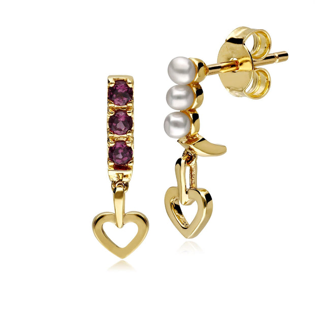 Cultured Freshwater Pearl & Rhodolite Mismatched Heart Drop Earrings