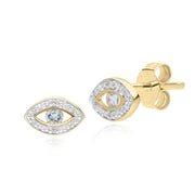 ECFEW™ Dainty Evil Eye Blue Topaz & Diamond Stud Earrings in 9ct Yellow Gold
