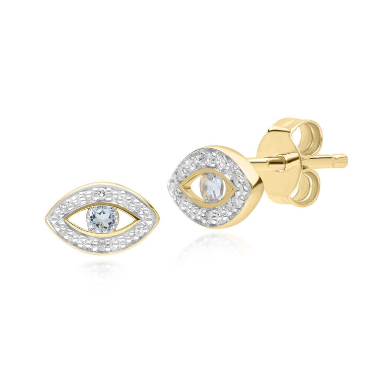 ECFEW™ Dainty Evil Eye Blue Topaz & Diamond Stud Earrings in 9ct Yellow Gold