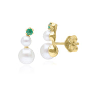 Modern Pearl & Emerald Climber Stud Earrings in 9ct Yellow Gold