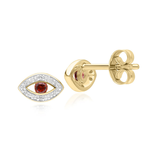 ECFEW™ Dainty Evil Eye Garnet & Diamond Stud Earrings in 9ct Yellow Gold