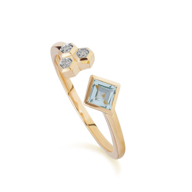 Contemporary Blue Topaz & Diamond Open Ring in 9ct Yellow Gold