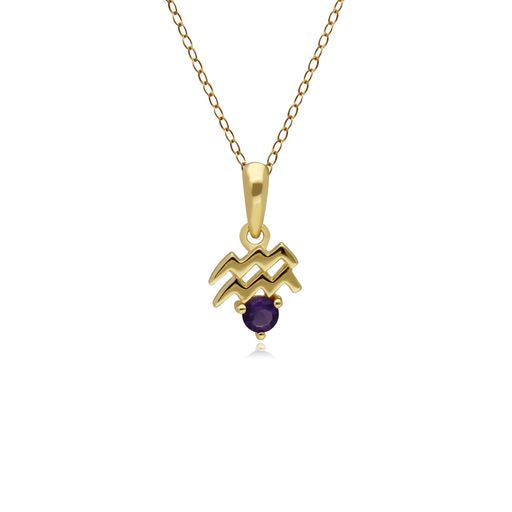 Amethyst Aquarius Zodiac Charm Necklace in 9ct Yellow Gold