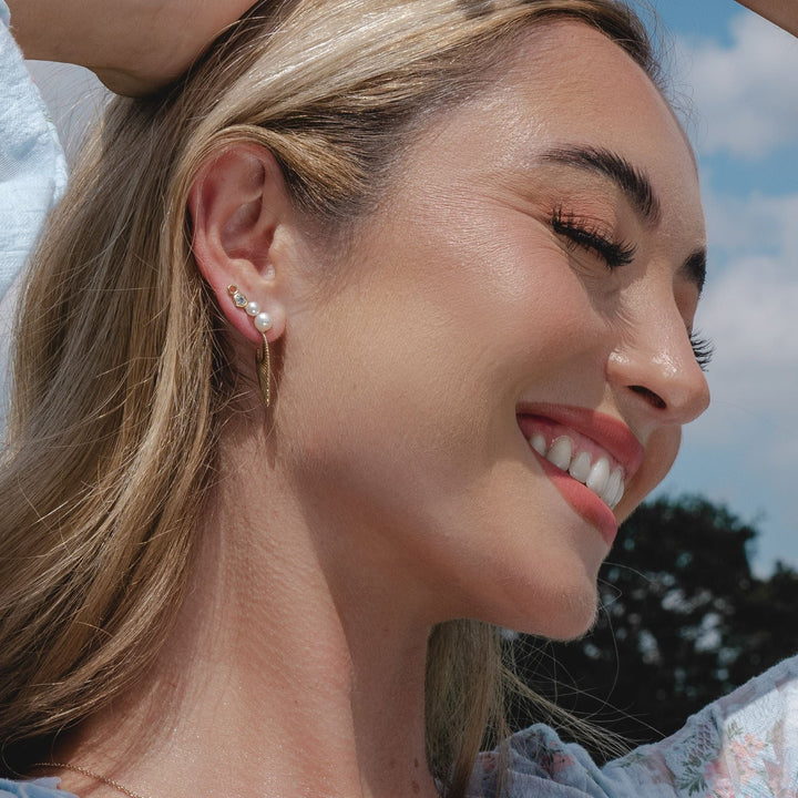 135E1632019 Modern Pearl & Blue Topaz Ear Climber Studs in 9ct Yellow Gold 3